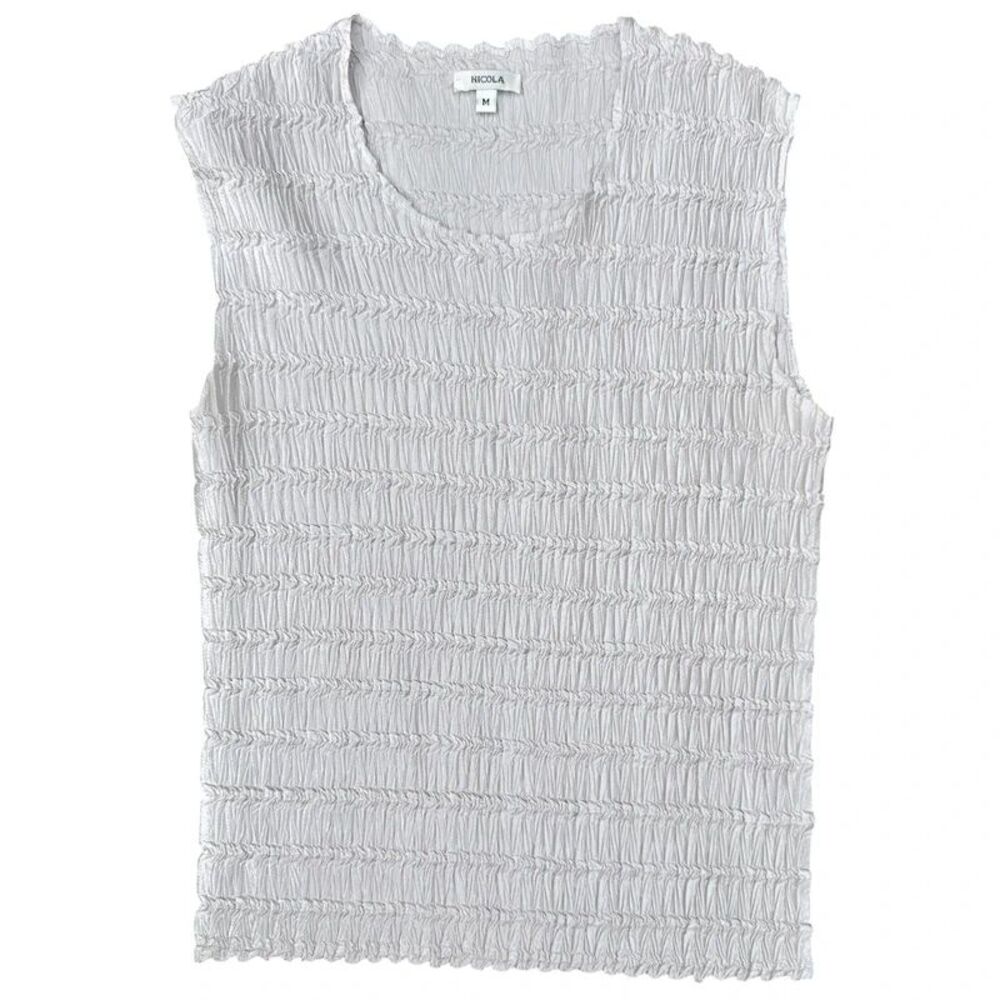 Vintage Y2K Nicola Crinkle Stretch Crew Neck Top - Ivory Pearl Metallic - Size M
